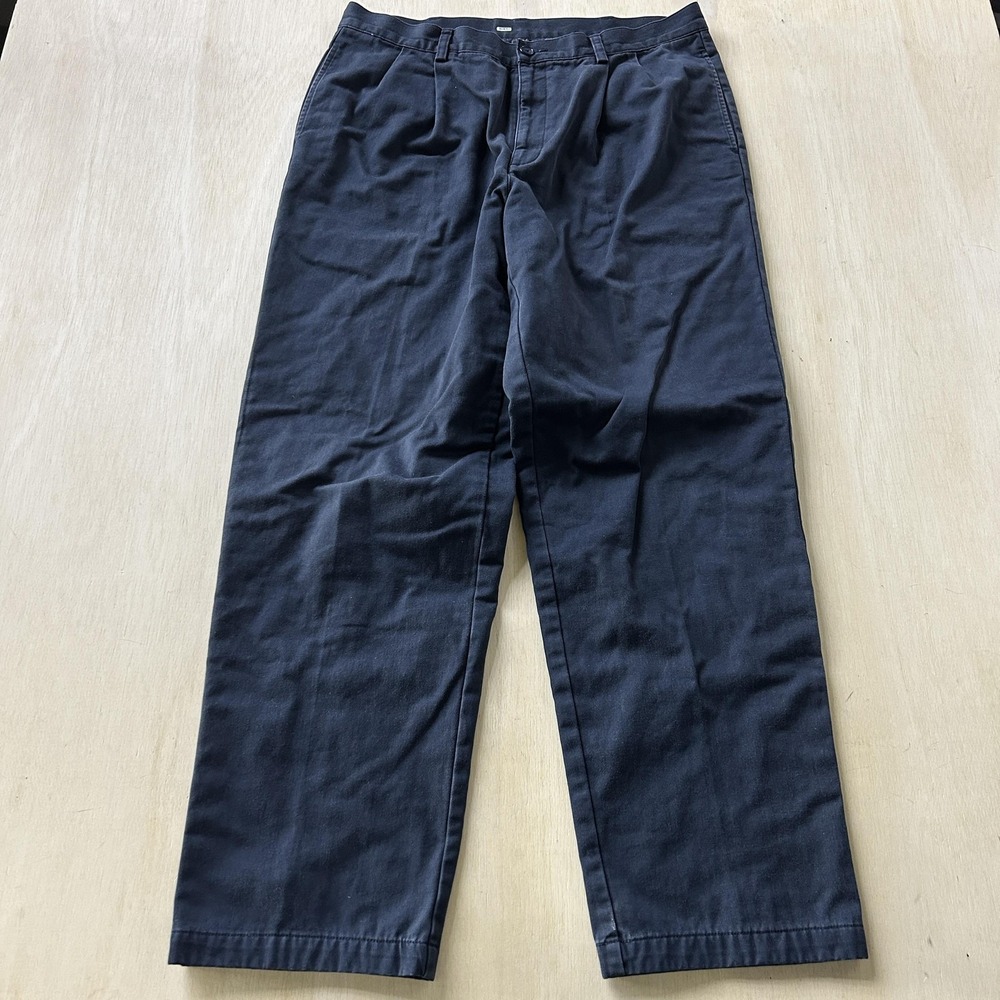 L.L. Bean Pants Mens 35x32 Blue Chino Flannel Lined Pleated Relaxed Straight Leg